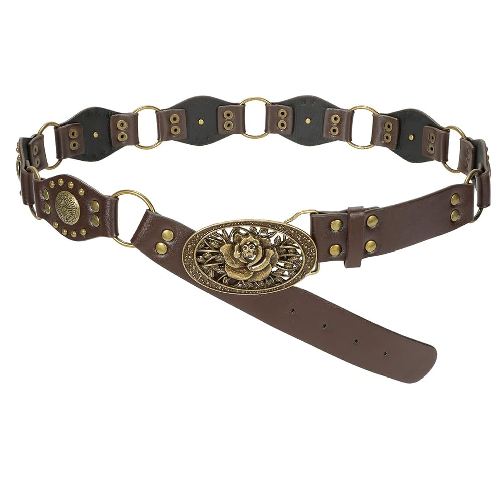 SUOSDEY Western Leather Belts for Women Vintage Waist Belt Women Y2K Cowgirl Belt for Jeans Dress | Amazon (US)