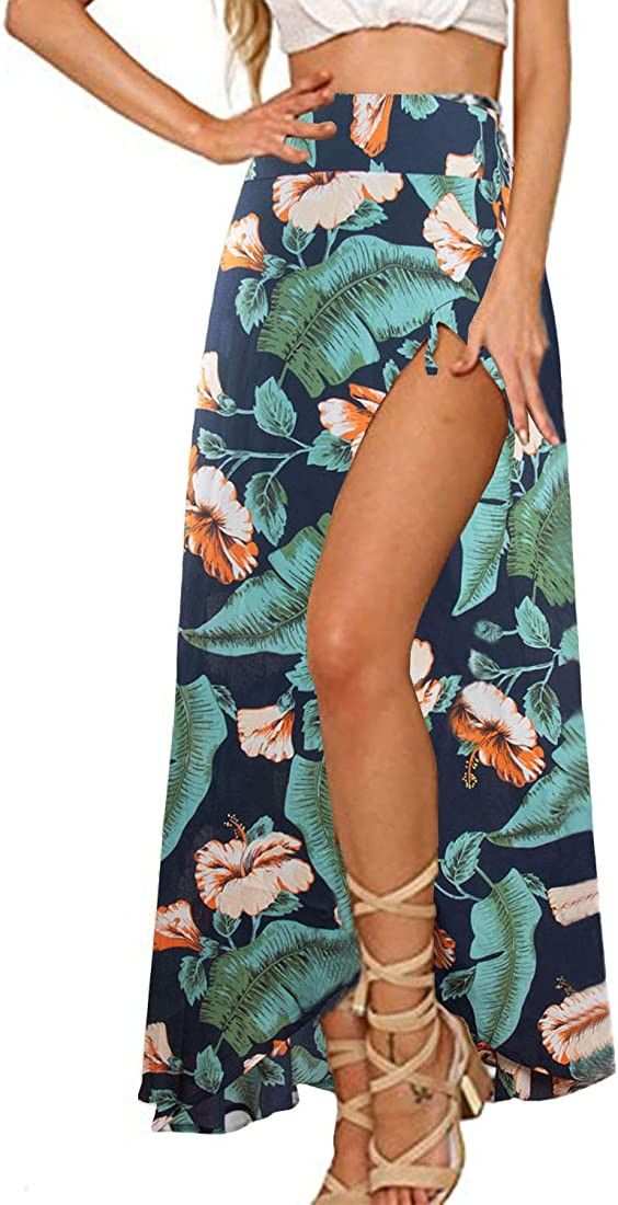 Yonala Womens Boho Floral Tie Up Waist Summer Beach Wrap Cover Up Maxi Skirt | Amazon (US)