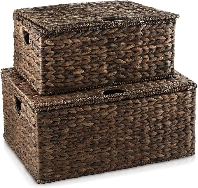 Casafield Set of 2 Water Hyacinth Rectangular Storage Baskets with Lids (Medium/Large), Multipurp... | Amazon (US)