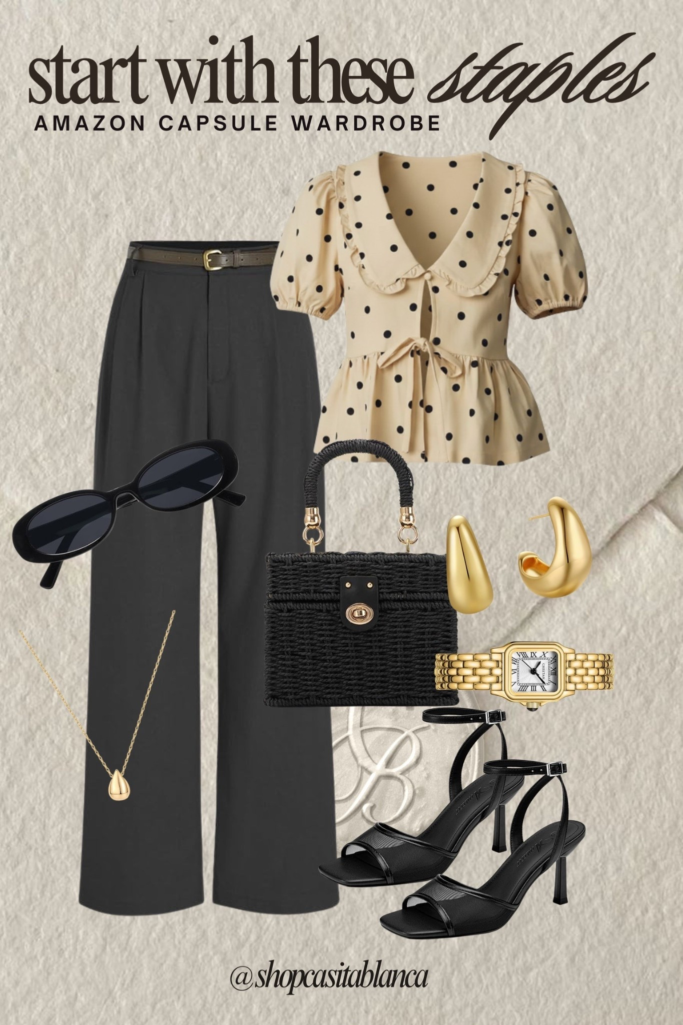 Start with these staples 🖤

If you’re building your capsule wardrobe, this is the formula: tailored black trousers, a feminine printed blouse, classic black heels, a structured woven bag, and timeless gold jewelry. These are the pieces that instantly make you look polished without overthinking it.

Mix, match, repeat — and you’ll always have something chic to wear. 

#CapsuleWardrobe #AmazonFashionFinds #TimelessStyle #WardrobeEssentials #ChicEveryday #NeutralStyle #ClosetStaples 

#LTKBeauty #LTKSeasonal
