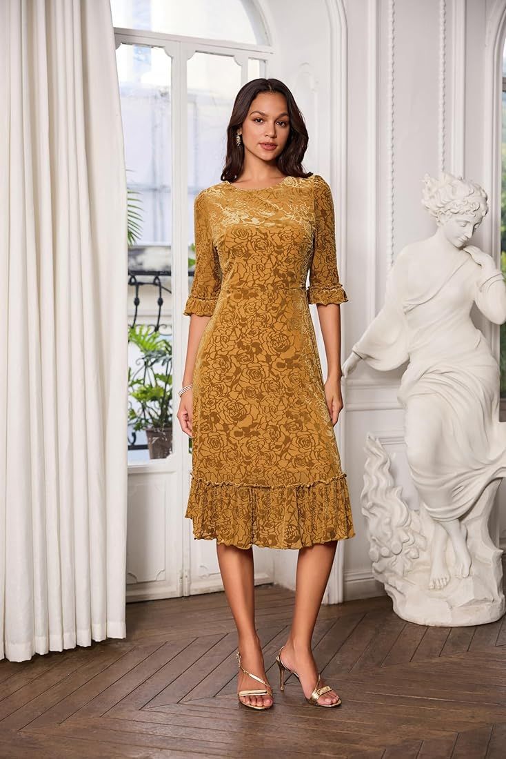 2023 Women's Velvet Floral Pattern Midi Dress Half Sleeve Ruffle Hem Cocktail Wedding Guest Dress... | Amazon (US)