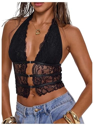Verdusa Women's Y2k Goth Lace Tops Croset Sheer Halter Top Rave Going Out Outfits Sexy Camisole | Amazon (US)