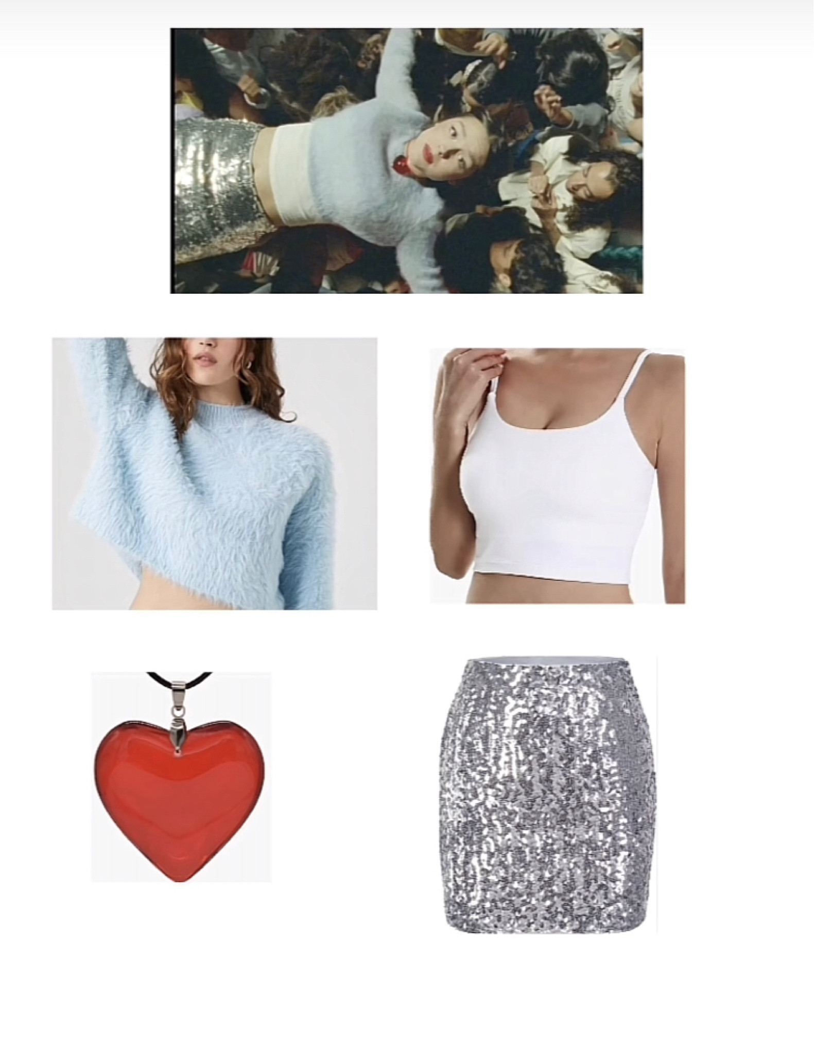 Olivia rodrigo inspired outfit! #oliviarodrigoconcertoutfit #oliviarodrigotouroutfit #concertoutfit #gutstouroutfits #silversequinskirt #fuzzysweater #heartnecklace #whitecami #concertoutfitideas #concertoutfit
