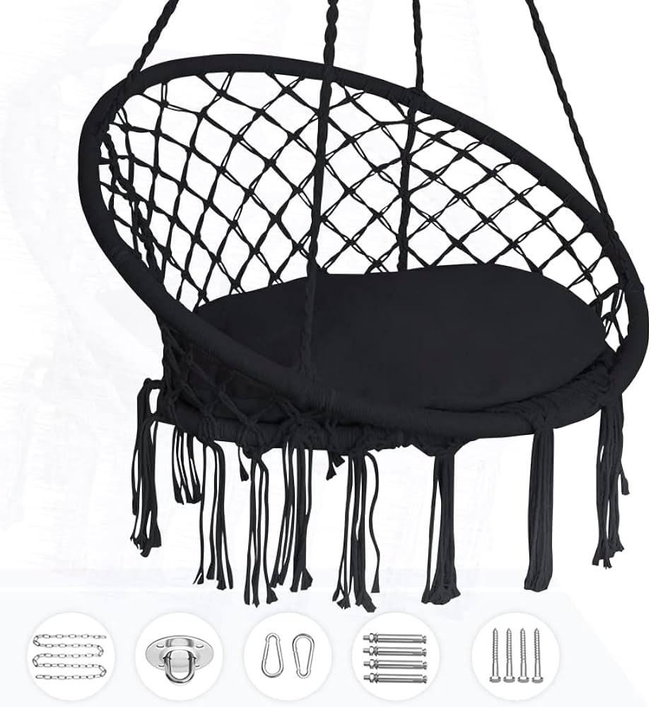 HFKJ Hammock Chair Hanging Rope Swing with Hardware and Cushion Handmade Knitted Mesh Hanging Cha... | Amazon (US)