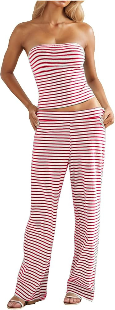 Womens Summer Outfits 2 Piece Sets Casual Striped Crop Tube Top and Wide Leg Pants Y2K Cute Match... | Amazon (CA)