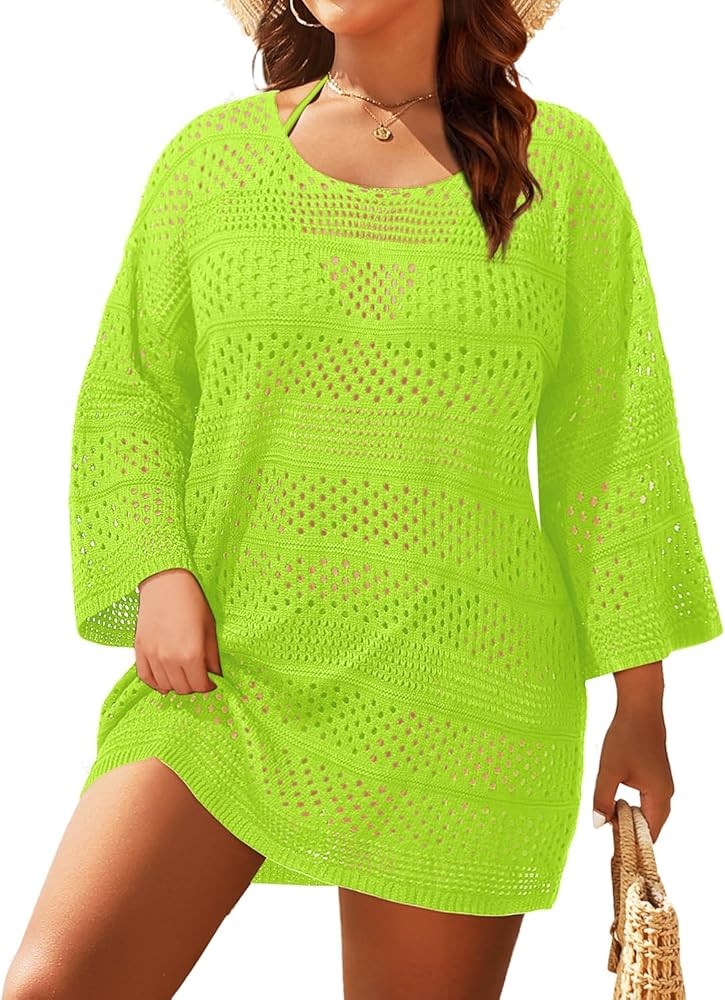 Yonique Plus Size Swimsuit Cover Up - Crochet Swim Cover Up 2025 Bathing Suit Short Sleeve Beach ... | Amazon (US)