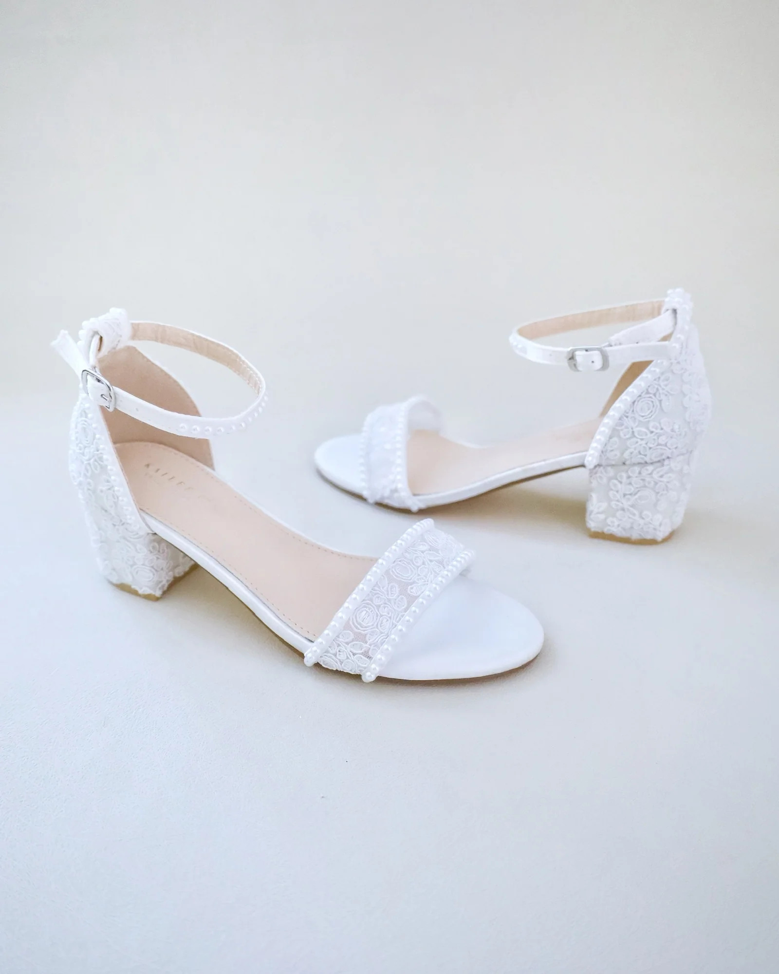 Crochet Lace Block Heel Wedding Sandals with Mini Pearls | Kailee P.