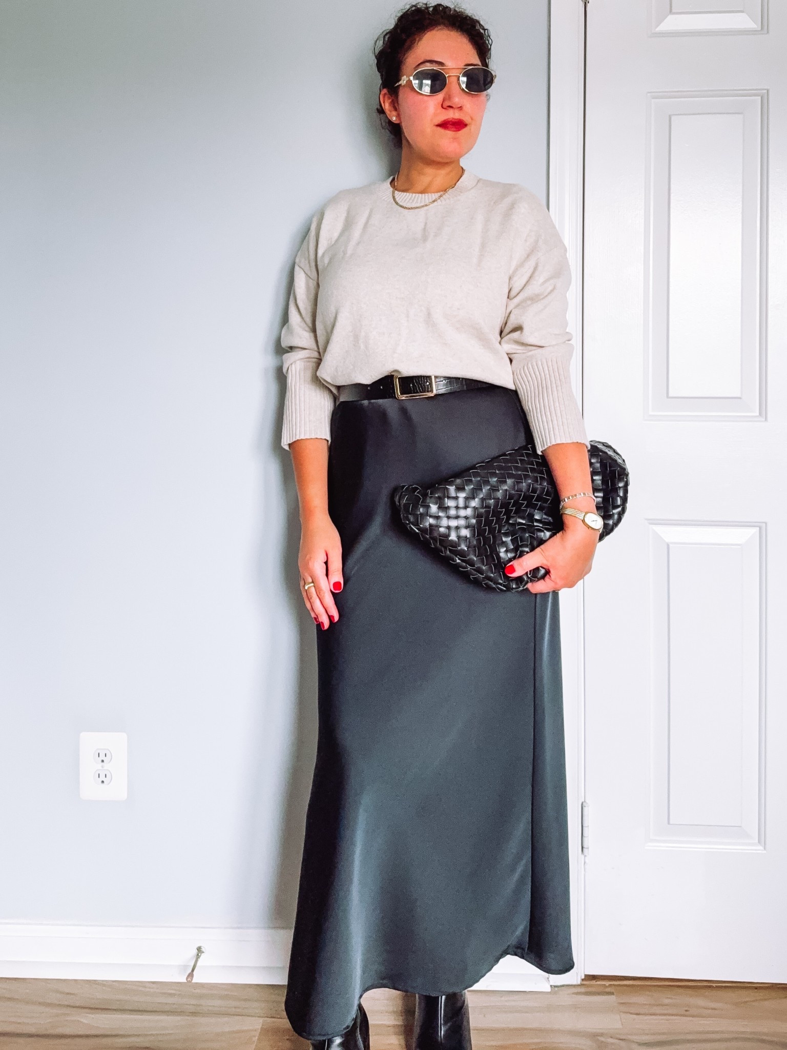 Fall outfit, neutral outfit, satin skirt outfit, fall bag, leather boots, classy outfit 

#LTKStyleTip