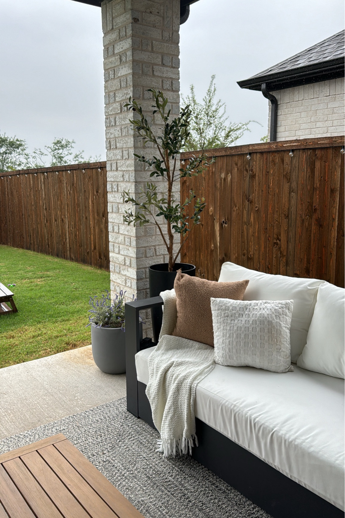 Patio decor, outdoor furniture, olive trees