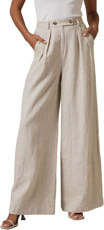 EVALESS Wide Leg Linen Pants for Women 2024 Summer Casual Elastic High Waisted Palazzo Pants Flow... | Amazon (US)