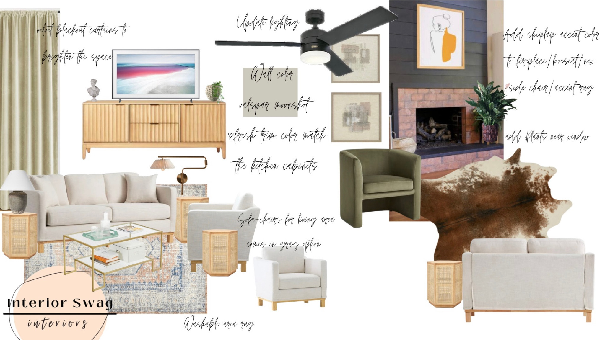 Open floor plan living space 
Gap home sofa, loveseat, and chairs, washable vintage rug from Walmart, studio McGee side table, storage cabinet, accent chair, Target.  Cowhide rug from Walmart, Loloi rugs art from Wayfair, matte black ceiling fan and velvet blackout curtains from Amazon 
Wall sconce from Anthropologie, studio McGee lamp from Target 
Frame tv 

#LTKhome #LTKunder100 #LTKsalealert