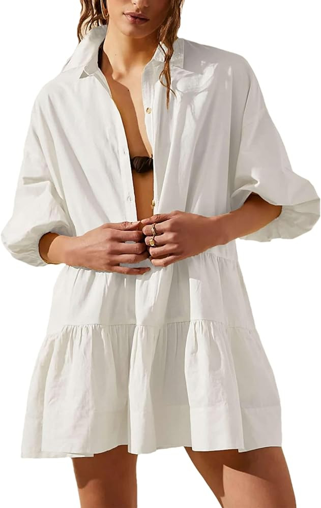 HangNiFang Women's Summer Babydoll Mini Dress Flowy Puff Sleeve Tiered Button Down Oversized Tuni... | Amazon (US)