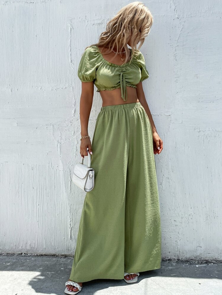 Frill Tie Front Crop Top & Wide Leg Pants Set | SHEIN