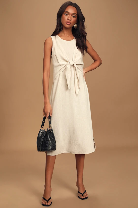 Carefree Moments Beige Sleeveless Tie-Front Midi Dress | Lulus (US)