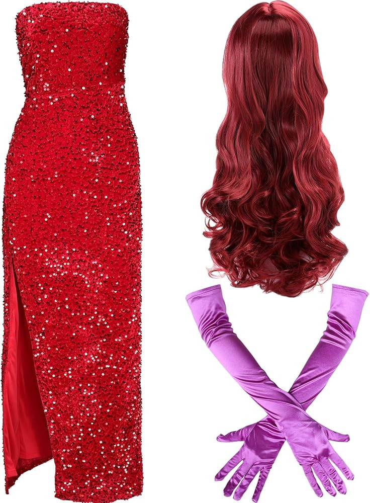 3 Pcs Halloween Rabbit Women's Costume Include Red Wig Purple Long Gloves for Women Dress Costume... | Amazon (US)