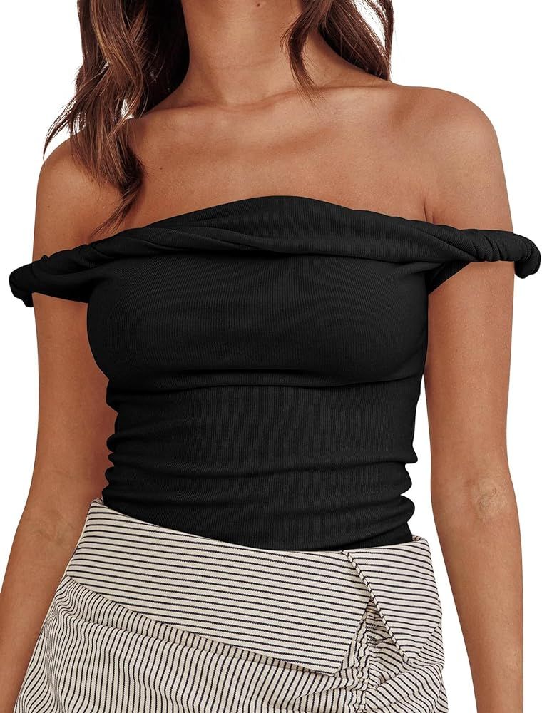 Women Ribbed Off The Shoulder Tank Tops Fitted Going Out Tops Cute Summer Y2k Clothes Trendy Tube | Amazon (US)