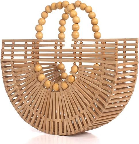 Womens Bamboo Handbags with Wooden Beads Tote Bag, Handmade Straw Bag for Summer Beach | Amazon (US)