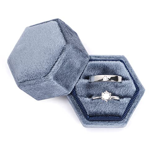 Etercycle Velvet Jewelry Ring Box, Hexagon Premium Gorgeous Vintage Double Ring Gift Box with Detachable Lid for Proposal Engagement Wedding Ceremony(Haze Blue) | Amazon (US)