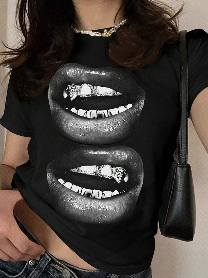 SHEIN EZwear Casual Lips Print Slim Fit Women's Short Sleeve T-Shirt, Suitable For Summer | SHEIN