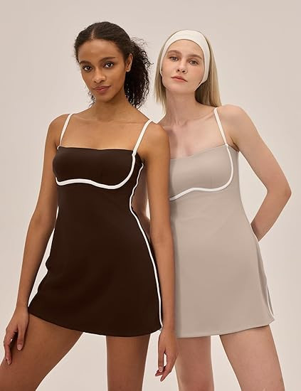 Womens Tennis Dress with Built in Shorts Sleeveless Square Neck Suspender Yoga Dress | Amazon (US)