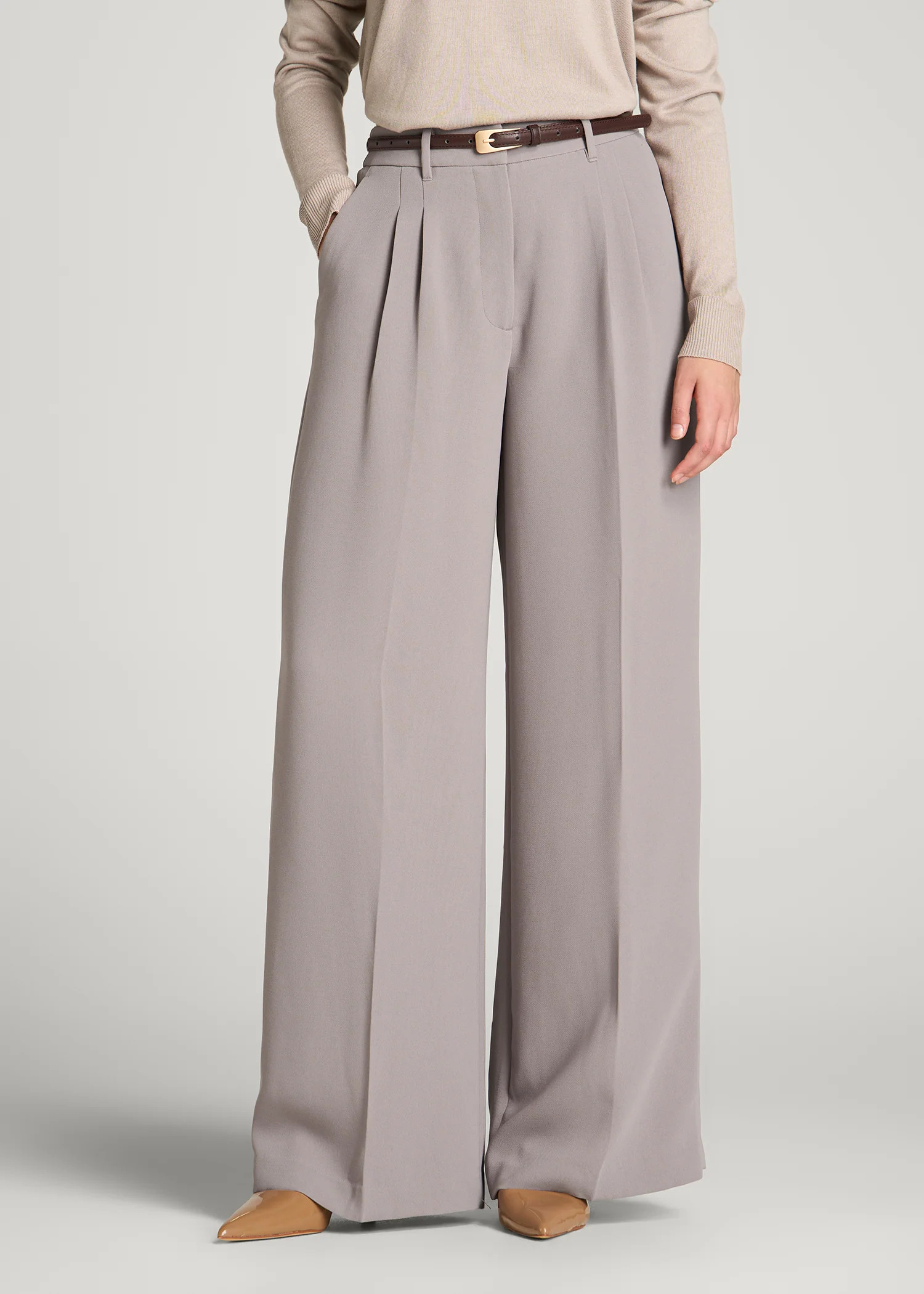 Ultra Wide Crepe Pleated Dress Pants for Tall Women in Moon Rock | American Tall