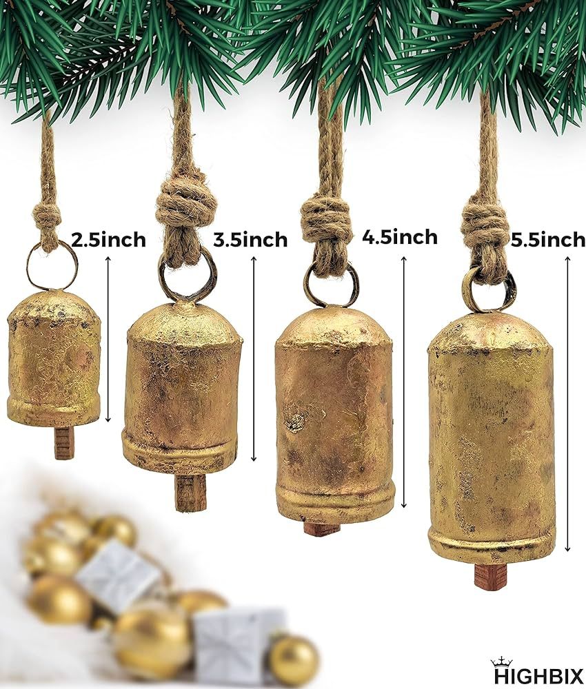 HIGHBIX Set of 4 Harmony Cow Bells Vintage Handmade Rustic Lucky Christmas Hanging Décor Bells On Ro | Amazon (US)