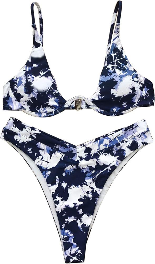VNVNE Women's Underwired Tie Dye Triangle Bathing Two Pieces Swimsuit Bikini Set | Amazon (US)