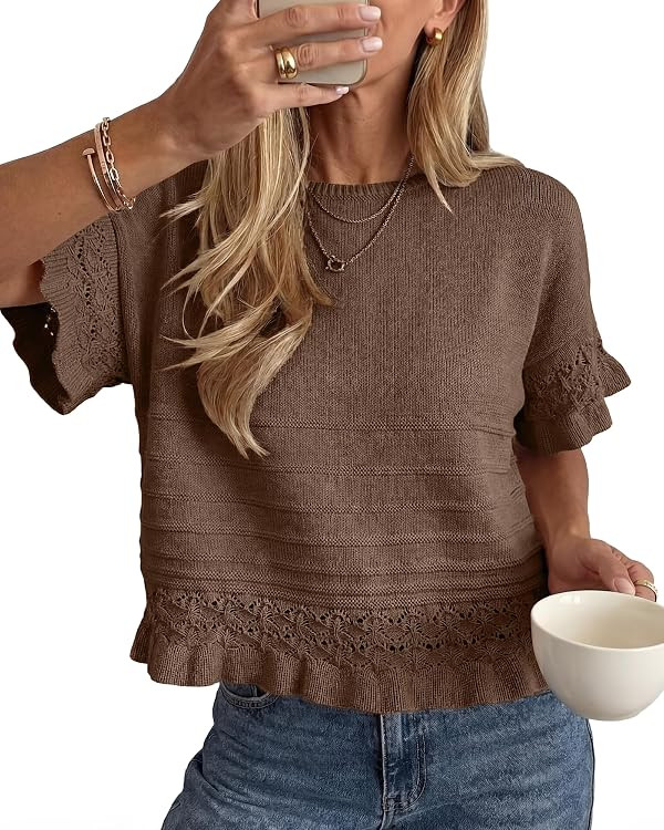 Women's Short Sleeve Sweaters Round Neck Cute Ruffle Hem Knit Crochet Pullover Tops Loose Casual ... | Amazon (US)