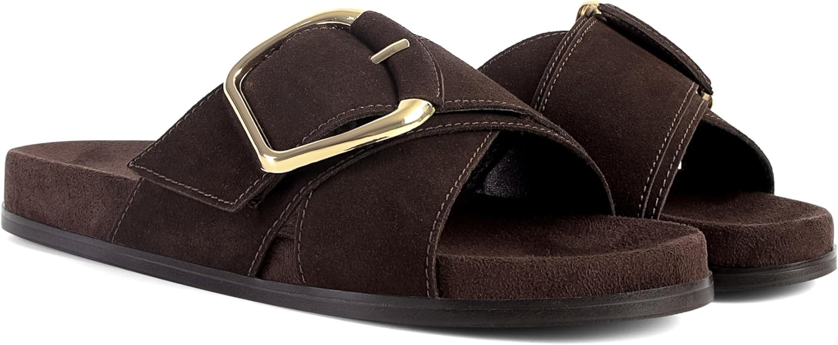 Flat Sandals for Women Comfortable Slide Sandals Summer Suede Leather Slides Vacation Beach Shoes | Amazon (US)