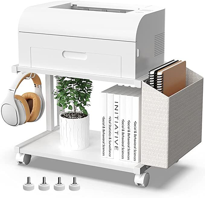 VEDECASA 2 Tier Modern White Wooden Under Desk Printer Stand with Storage Bag for Home Office Des... | Amazon (US)