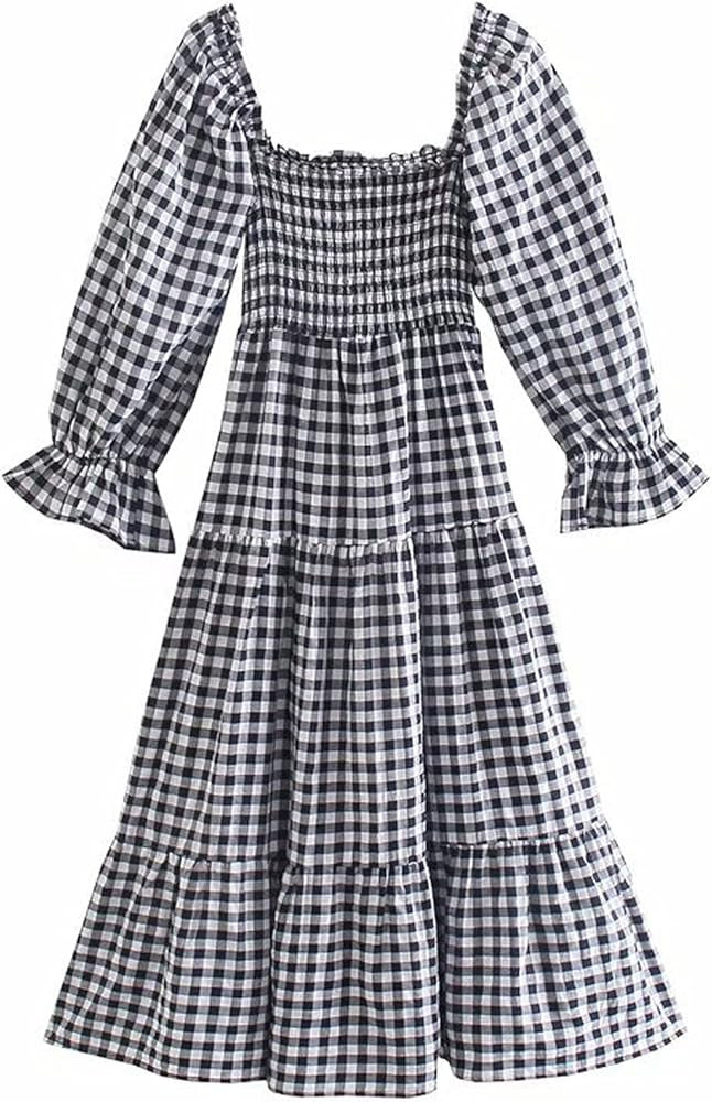 R.Vivimos Women's Summer Cotton Plaid Puff Sleeves Bow Casual Off-Shoulder Boho Midi Dress | Amazon (CA)