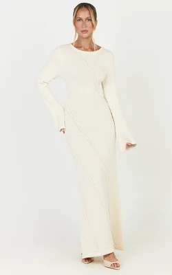 Delilah Maxi Dress - Long Sleeve Seam Detail Boucle Knit Dress in Cream | Showpo (US, UK & Europe)