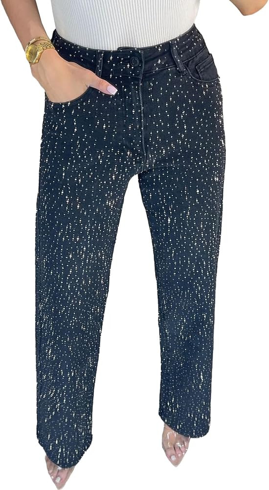 Sexyshine Women's Diamond Rhinestone Jeans High Waist Straight Wide Leg Stretchy Bling Denim Pant... | Amazon (US)