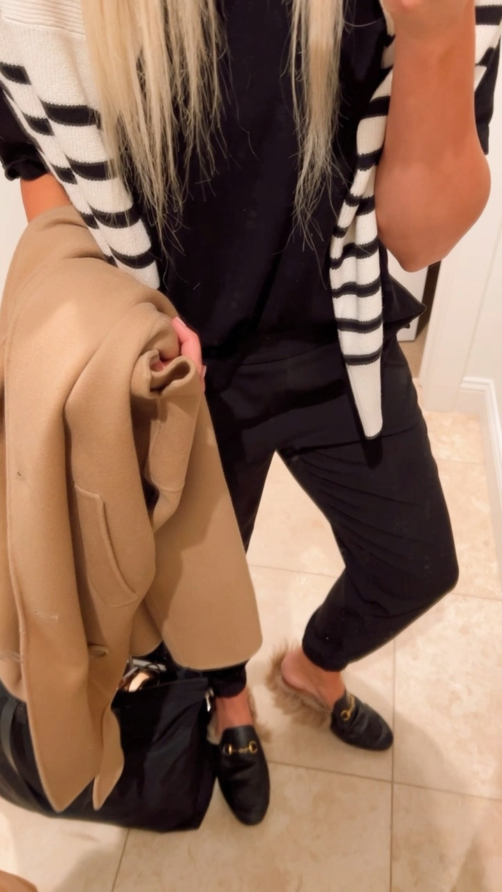 Travel outfit. Camel coat, black joggers, striped sweater 

#LTKtravel #LTKshoecrush #LTKstyletip