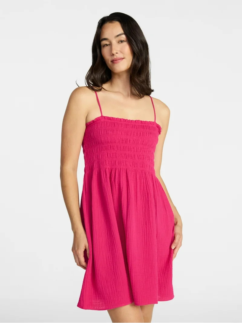 Time and Tru Women's and Women's Plus Smocked Cotton Mini Dress Coverup, Sizes XS-3X | Walmart (US)