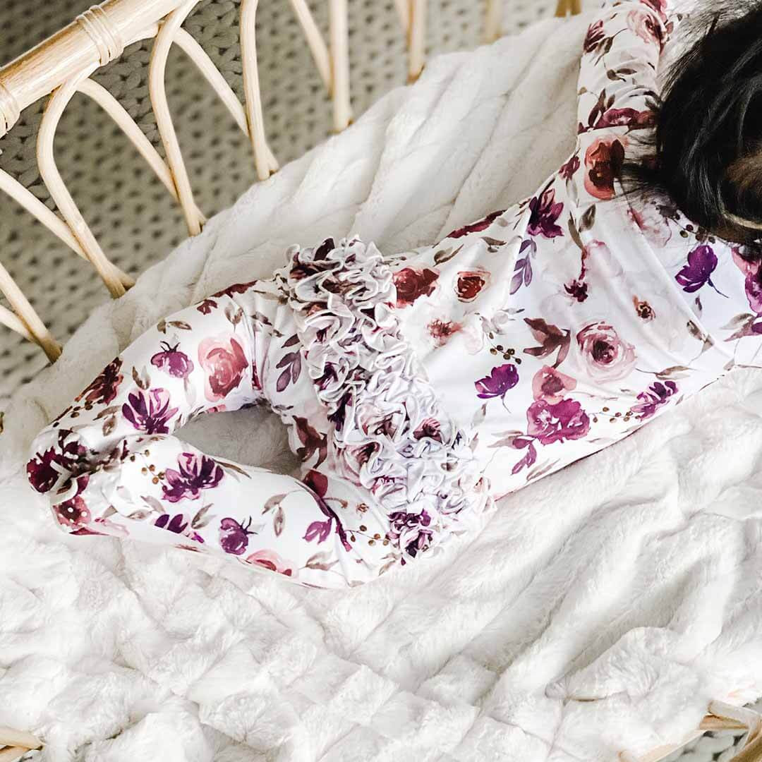 Demi's Dusty Purple Floral Zipper Ruffle Footie | Caden Lane