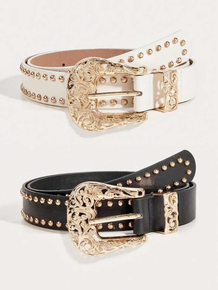 1pc Gold Rivet Studded Sexy & Fashion Y2K PU Leather Belt, Hollow Out Waist Belt With Cowboy Buck... | SHEIN