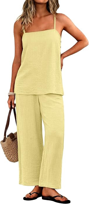 IWOLLENCE Women's 2 Piece Sets Spaghetti Strappy Tank Top and Long Pant with Pockets Lounge Matching Sets Beach Vacation | Amazon (US)