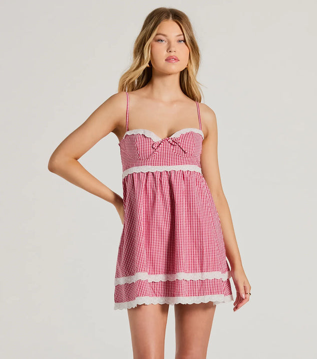 Life's A Picnic Sweetheart Lace Gingham Mini Dress | Windsor Stores