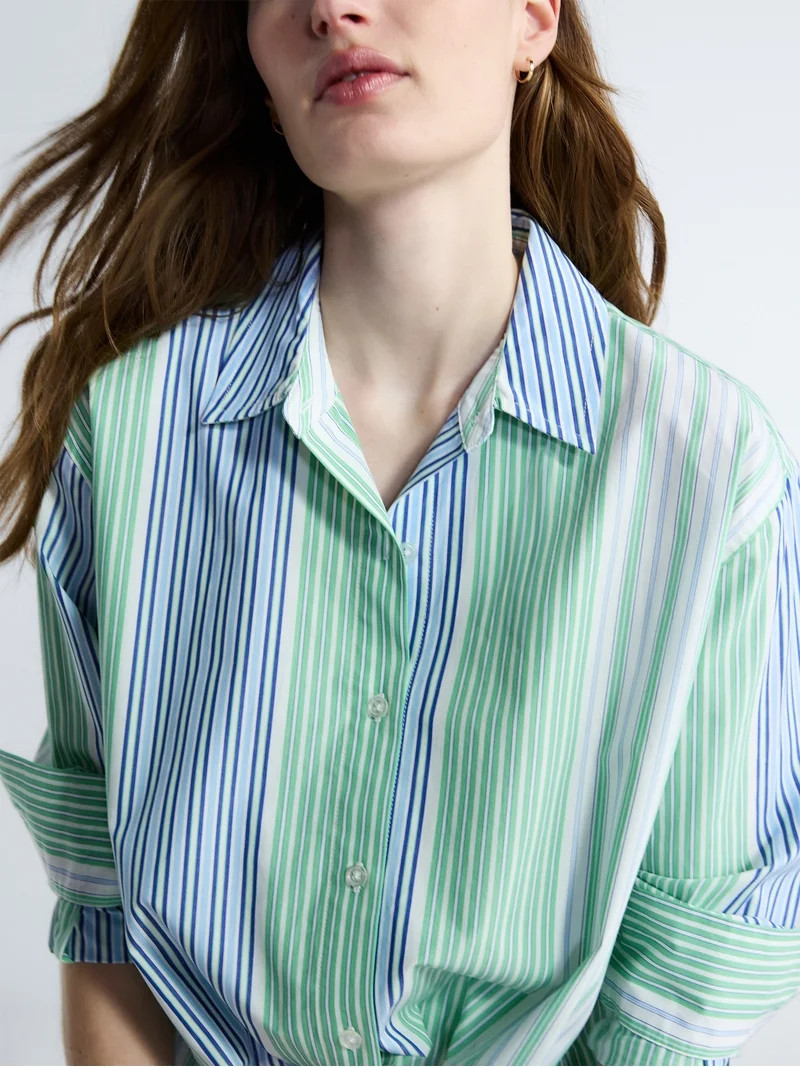 Free Assembly Women's and Women's Plus Relaxed Button Down Cotton Shirt with Long Sleeves, Sizes ... | Walmart (US)