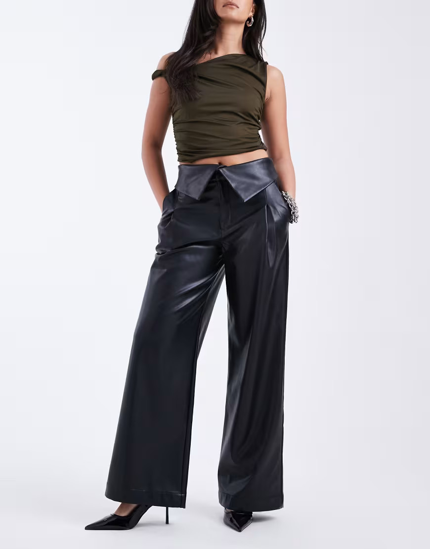 ASOS DESIGN faux leather wide leg trousers with fold over waist detail in black | ASOS (Global)