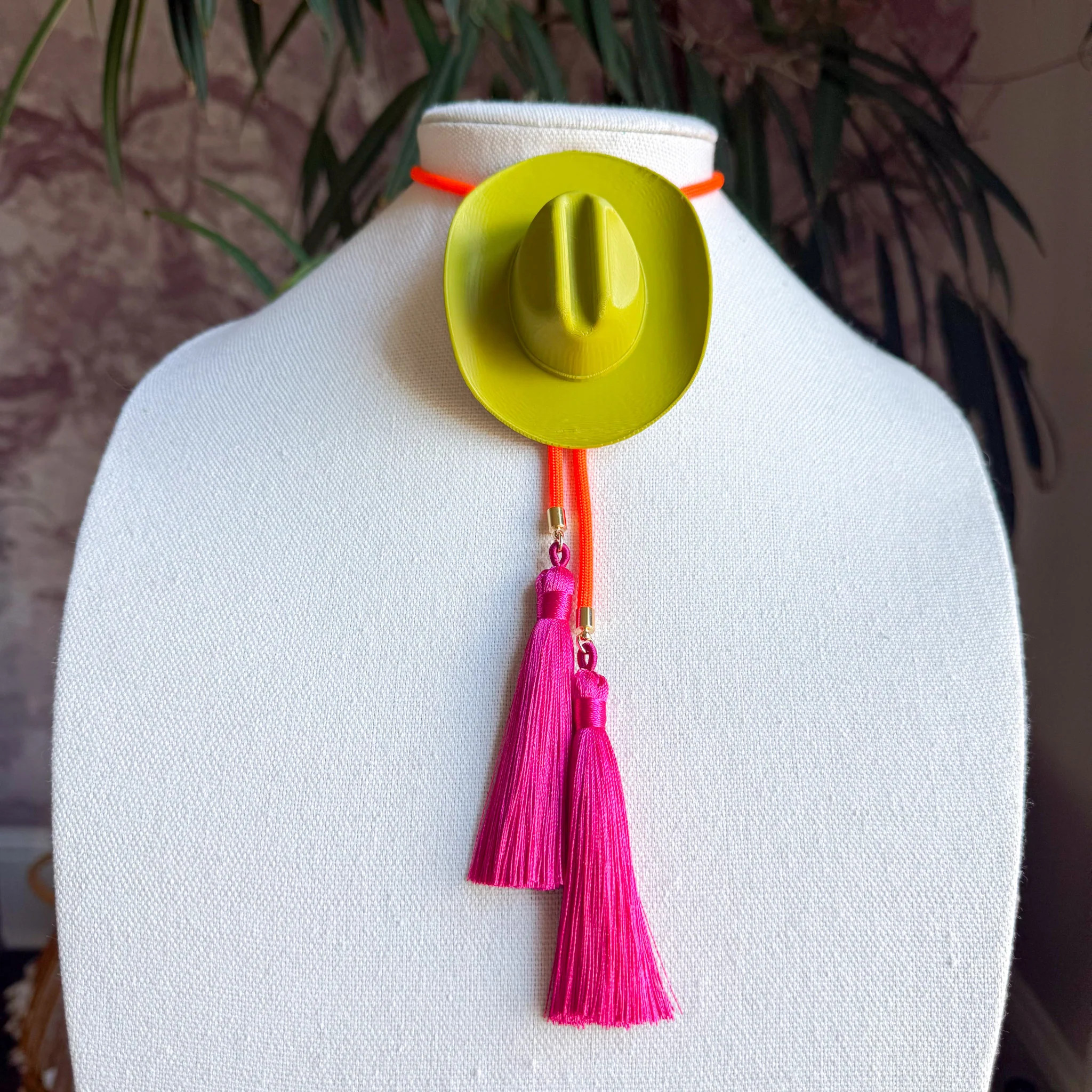 Cowboy Hat Bolo Olive Green with Neon Orange & Fuchsia | Rahya Jewelry Design