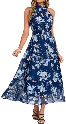 Simplee Womens Summer Halter Wedding Guest Dress Maxi Floral Vacation Boho Sundresses Flowy Forma... | Amazon (US)