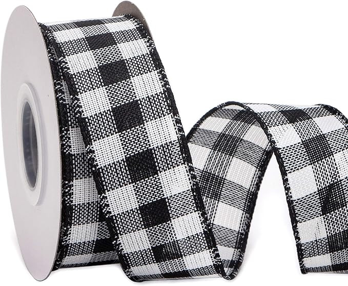 Ribbli Black and White Wired Ribbon,1-1/2 Inch x 10 Yard,Buffalo Plaid Ribbon,Burlap Ribbon for B... | Amazon (US)