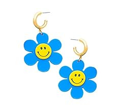Kathaya Huggie Hoop Dangling Flower Smiley Face Earrings Cute Round Smiley Face Earrings Dangle B... | Amazon (US)