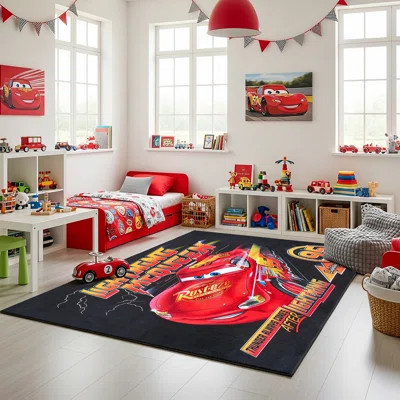 Licensed Pixar Cars Lightening McQueen Modern Character Printed Flannel Non-Slip Washable Indoor Kids Area Rug, 54"x78 | Wayfair North America