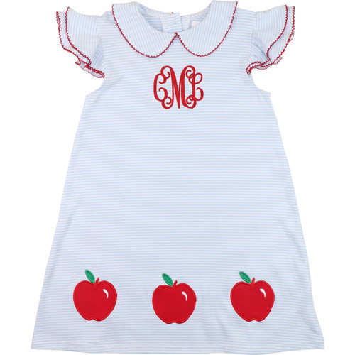 Blue Knit Stripe Applique Apples Dress | Cecil and Lou
