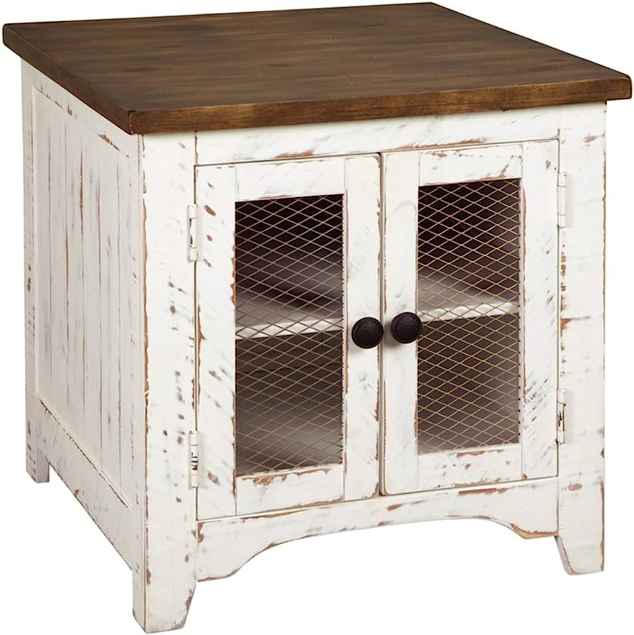 Signature Design by Ashley Wystfield Farmhouse End Table with Storage, Distressed White & Brown F... | Amazon (US)