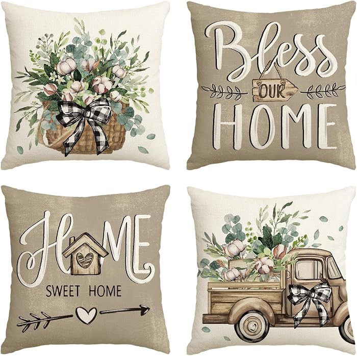 AVOIN colorlife Bless Our Home Farmhouse Eucalyptus Leaves Throw Pillow Covers, 18 x 18 Inch Truc... | Amazon (US)