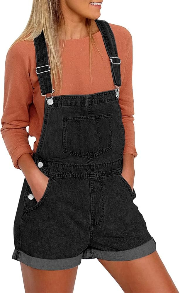 Vetinee Women's Classic Adjustable Straps Cuffed Hem Denim Bib Overalls Shorts | Amazon (US)